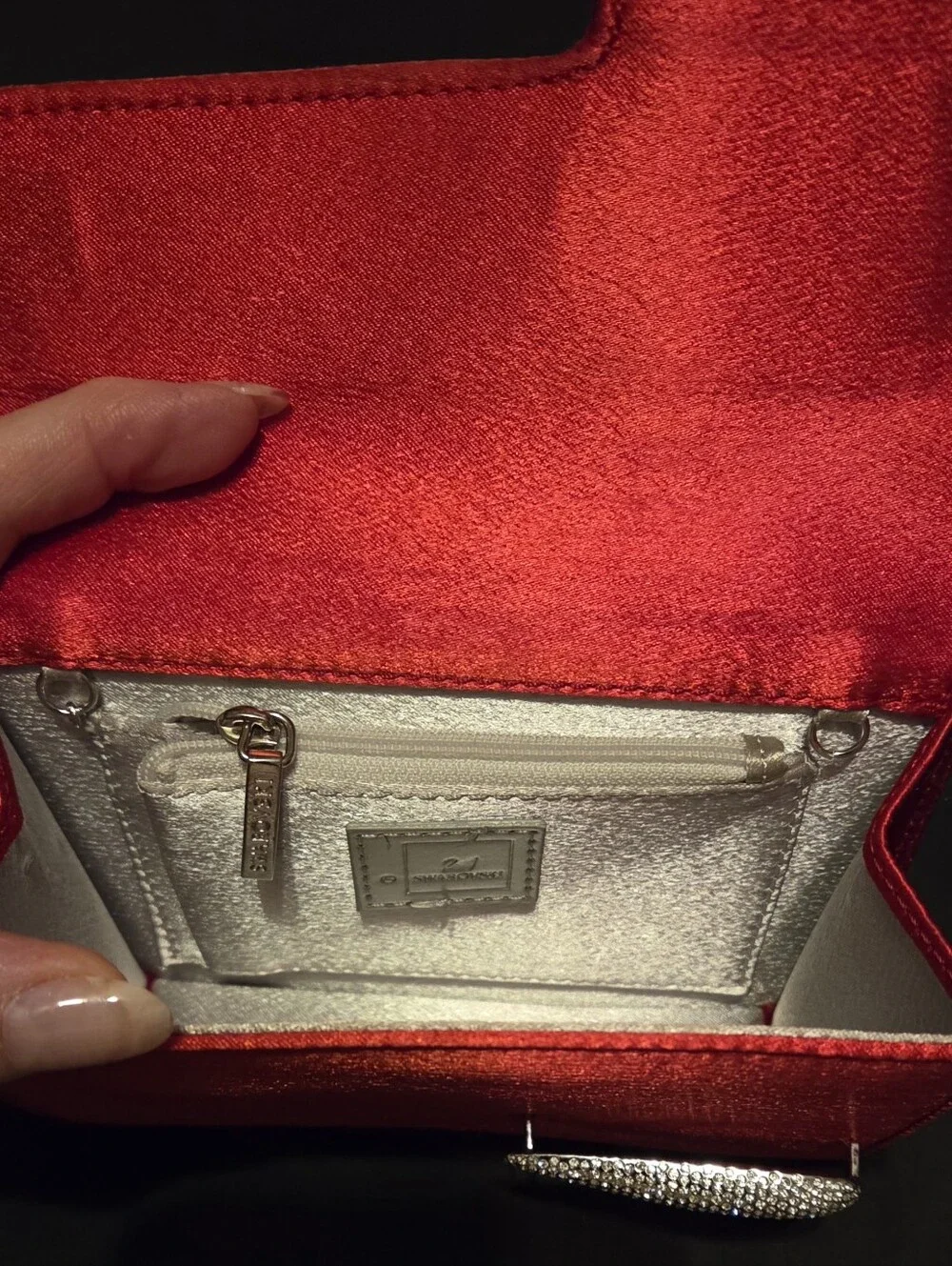 Swarovski Red Satin Evening Clutch Purse Featuring Pave Crystal 6x4.5x1.25